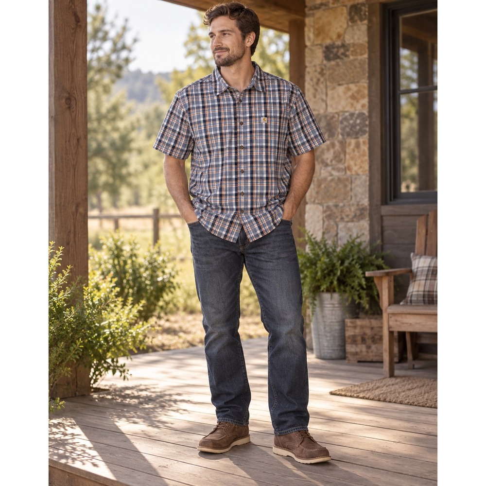 Carhartt Mens 2XL Relaxed Fit Short Sleeve Plaid Button Down Shirt 102535 Blue